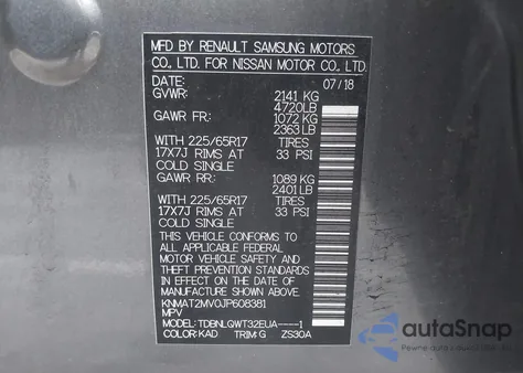 2018 Nissan Rogue Sv z USA, uszkodzony, nr VIN KNMAT2MV0JP608381